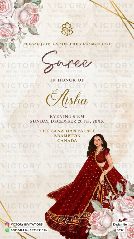 Half Saree ceremony invitation card in english language with royal theme design 3697