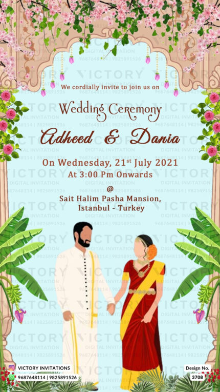 Wedding ceremony invitation card of hindu south indian tamil family in English language with traditional theme design 3708