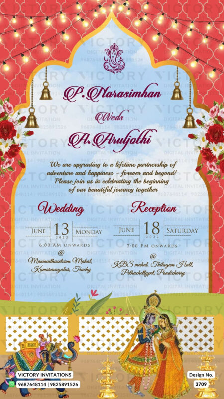 Wedding ceremony invitation card of hindu south indian tamil family in English language with Arch theme design 3709