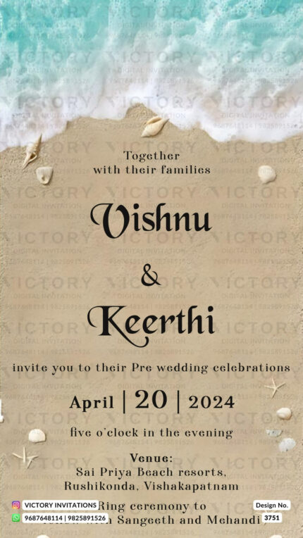 Wedding ceremony invitation card of hindu south indian telugu family in English language with beach theme design 3751
