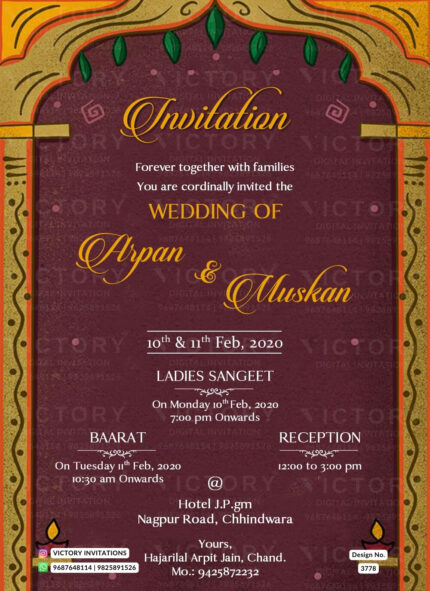 Wedding ceremony invitation card of hindu north indian family in english language with arch theme design 3778