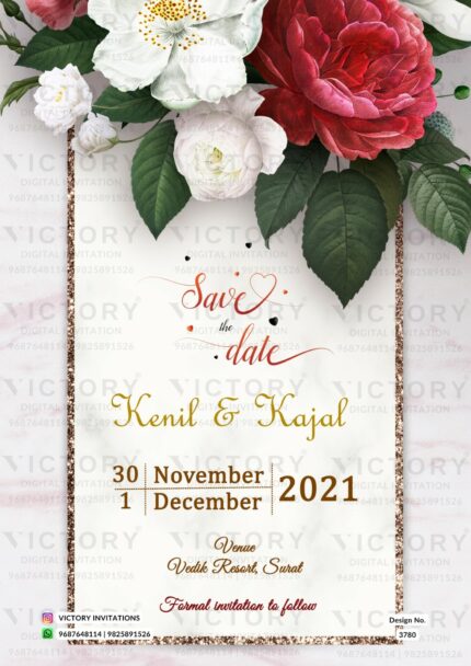 Wedding ceremony invitation card of hindu gujarati patel family in English language with Floral theme design 3780