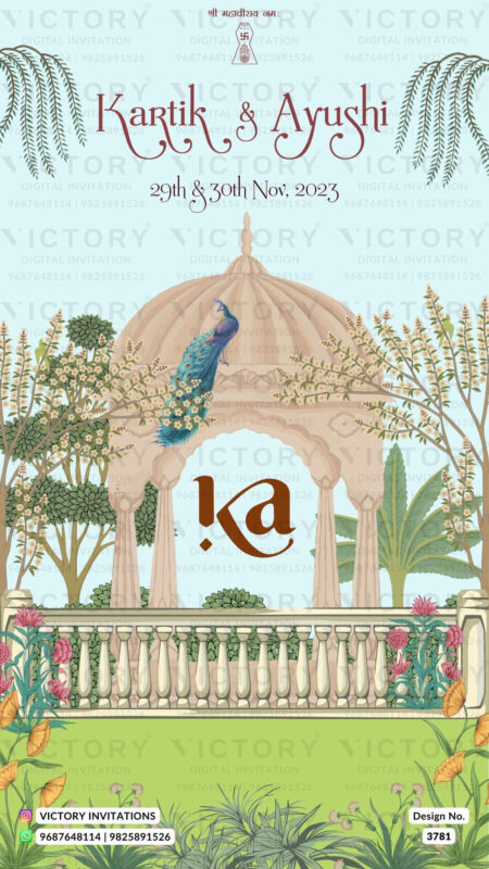 Wedding ceremony invitation card of hindu gujarati leuva family in English language with Arch theme design 3781