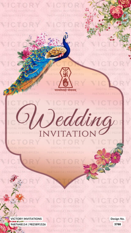 Wedding ceremony invitation card of hindu jain family in English language with Arch and floral theme design 3788