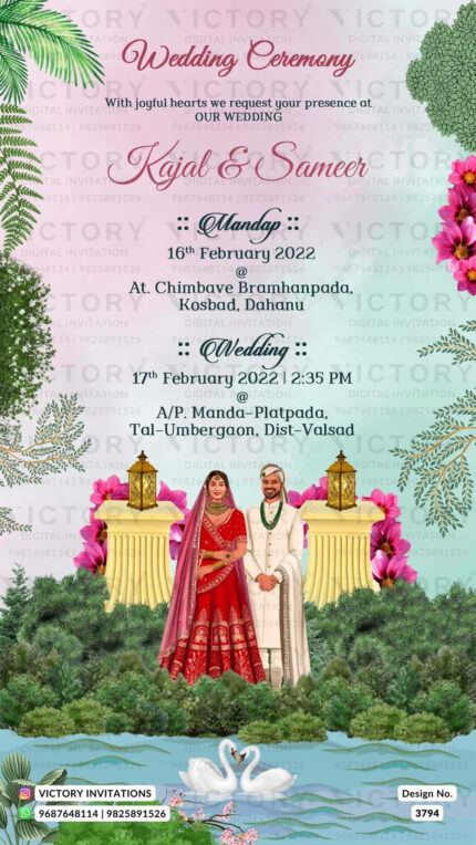 Wedding ceremony invitation card of hindu gujarati patel family in English language with traditional theme design 3794