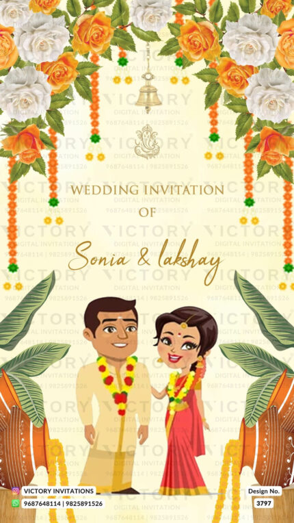 Wedding ceremony invitation card of hindu south indian tamil family in English language with Rose theme design 3797