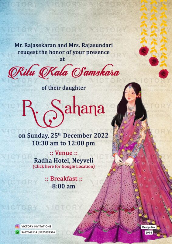 Ritu Kala Samskara ceremony invitation card in english language with vintage theme design 3994