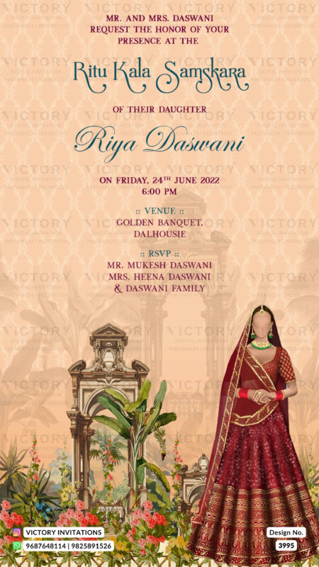 Ritu Kala Samskara ceremony invitation card in english language with vintage theme design 3995
