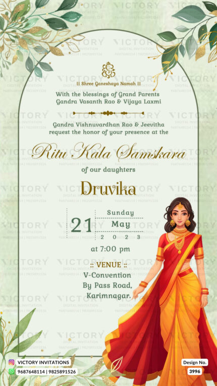 Ritu Kala Samskara ceremony invitation card in english language with floral theme design 3996