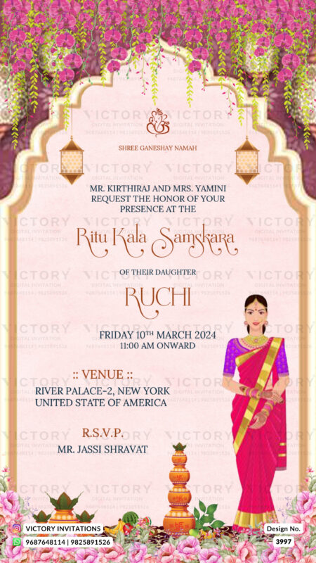 Ritu Kala Samskara ceremony invitation card in english language with traditional theme design 3997