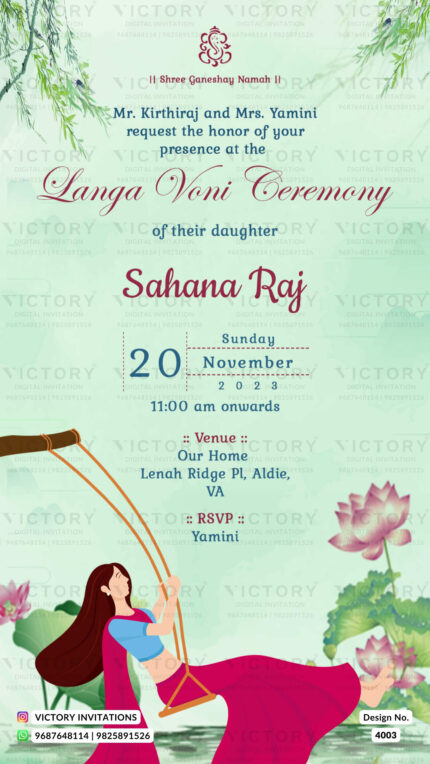 Langa Voni ceremony invitation card in english language with lake theme design 4003