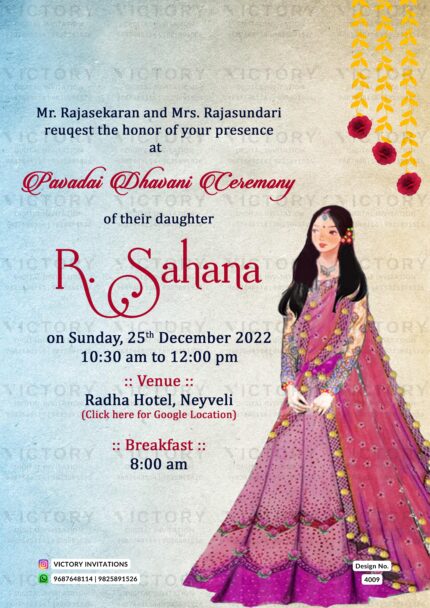 Pavadai Dhavani ceremony invitation card in english language with vintage theme design 4009