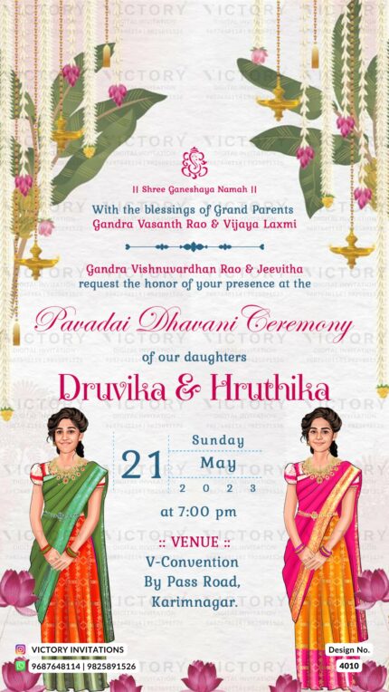 Young girls caricature invitation card for Pavadai Dhavani ceremony in english language with traditional theme design 4010