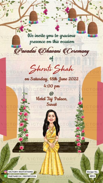 Young girl caricature invitation card for Pavadai Dhavani ceremony in english language with traditional theme design 4011