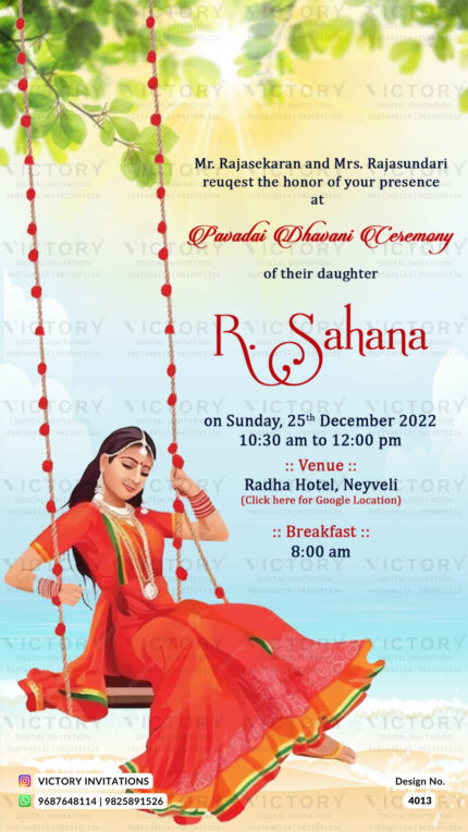 Pavadai Dhavani ceremony invitation card in english language with beach theme design 4013