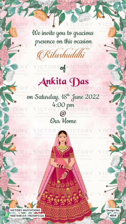 Ritushuddhi ceremony invitation card in english language with artistic flower theme design 4014