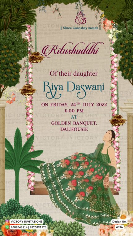 Ritushuddhi ceremony invitation card in english language with garden theme design 4016